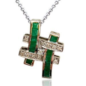 Genuine Emerald and round Diamond Hashtag pendant in 14k White gold